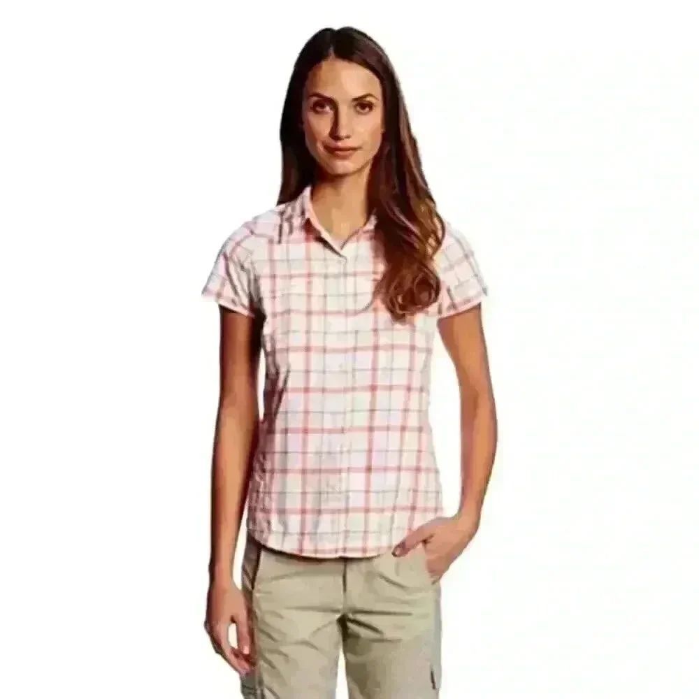 Columbia Women's White & Peach Nylon Plaid Silver Ridge Short Sleeve Button Down